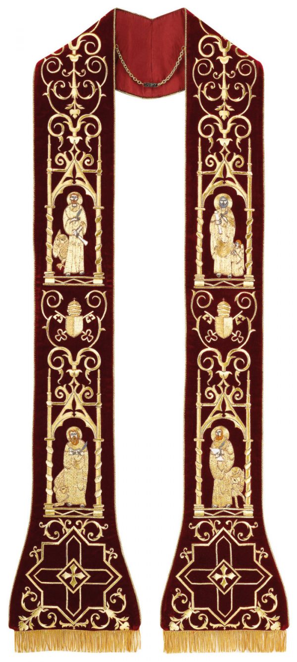 Overlay Stole depicting the four evangelists on dark red velvet